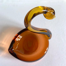 Load image into Gallery viewer, Vintage mid-century hand blown two-tone figural swan art glass candy dish with a rusty orange dish, graceful amber neck and beautifully polished bottom. This piece would have been crafted in either Murano Italy, or Czechoslovakia (possibly David Jones). A beautiful addition to any glass collection! In excellent condition, free from chips. Measures 7 3/4 x 6 1/4 x 9 3/4 inches
