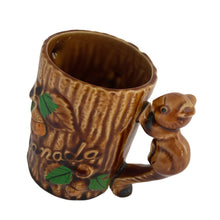 Load image into Gallery viewer, Vintage souvenir of Canada figural woodland mug featuring a tree trunk design with embossed acorns, the word &quot;Canada&quot; and an adorable figural squirrel handle. Crafted in Japan, circa 1950/60s. A sweet piece of Canadiana!  In excellent condition, free from chips/cracks/repairs.  Measures 3 1/2 x 4 1/2 inches
