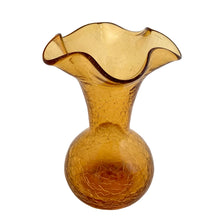 Load image into Gallery viewer, Vintage hand blown amber crackle glass bud vase with ruffled rim ad pontil scar. Crafted by Pilgrim Glass, 1960s. A great piece to start or add to your art glass collection!

In excellent condition, no chips.

Measures 3 1/2 x 5 inches
