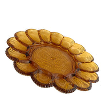 Load image into Gallery viewer, Vintage amber Hobnail pressed glass devilled egg plate featuring holders for 15 eggs and a central flat area for condiments, Indiana Glass, USA. Add some sparkle to your entertaining with this charming serving plate. Excellent condition, free from chips. Measures 11 1/4 inches

