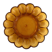 Load image into Gallery viewer, Vintage amber Hobnail pressed glass devilled egg plate featuring holders for 15 eggs and a central flat area for condiments, Indiana Glass, USA. Add some sparkle to your entertaining with this charming serving plate. Excellent condition, free from chips. Measures 11 1/4 inches
