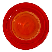Load image into Gallery viewer, Striking amberina hand blown vintage apothecary canister jar with ground lid which is topped with an embossed flower. Takahashi Glass, Japan, circa 1970. This fabulous colour will liven up any room and it glows under black light! In good vintage condition. There is chipping chips to the inside rim of the lid see photos. There are bubbles in the glass typical of the manufacturing process. Measures 6 3/4 x 10 inches
