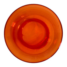 Load image into Gallery viewer, Striking amberina hand blown vintage apothecary canister jar with ground lid which is topped with an embossed flower. Takahashi Glass, Japan, circa 1970. This fabulous colour will liven up any room and it glows under black light! In good vintage condition. There is chipping chips to the inside rim of the lid see photos. There are bubbles in the glass typical of the manufacturing process. Measures 6 3/4 x 10 inches
