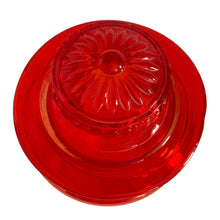 Load image into Gallery viewer, Striking amberina hand blown vintage apothecary canister jar with ground lid which is topped with an embossed flower. Takahashi Glass, Japan, circa 1970. This fabulous colour will liven up any room and it glows under black light! In good vintage condition. There is chipping chips to the inside rim of the lid see photos. There are bubbles in the glass typical of the manufacturing process. Measures 6 3/4 x 10 inches
