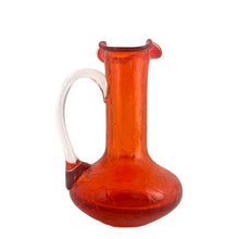 Load image into Gallery viewer, Vintage miniature hand blown amberina crackle art glass pitcher with clear applied handle. Crafted by Pilgrim Glass, circa 1960s. A great piece to start or add to your art glass collection!

In excellent condition, free from chips/cracks/repairs.

Measures 2 3/4 x 4 3/8 inches
