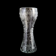 Load image into Gallery viewer, Beautiful depression era antique American Brilliant cut crystal corset vase, decorated with eight petal wheel-cut flowers with octagonal centres and three petal flowers with ovoid centres, wedge cut leaves on engraved stems make this a lovely and unique motif, finished with a cut beaded rim and starburst base. Create a beautiful bouquet with this vessel. Also makes a wonderful gift!  In excellent condition, no chips.  Measures 3 1/2 x 8 inches
