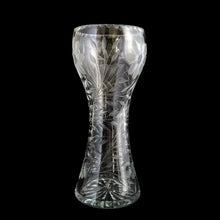 Load image into Gallery viewer, Beautiful depression era antique American Brilliant cut crystal corset vase, decorated with eight petal wheel-cut flowers with octagonal centres and three petal flowers with ovoid centres, wedge cut leaves on engraved stems make this a lovely and unique motif, finished with a cut beaded rim and starburst base. Create a beautiful bouquet with this vessel. Also makes a wonderful gift!  In excellent condition, no chips.  Measures 3 1/2 x 8 inches
