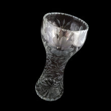 Load image into Gallery viewer, Beautiful depression era antique American Brilliant cut crystal corset vase, decorated with eight petal wheel-cut flowers with octagonal centres and three petal flowers with ovoid centres, wedge cut leaves on engraved stems make this a lovely and unique motif, finished with a cut beaded rim and starburst base. Create a beautiful bouquet with this vessel. Also makes a wonderful gift!  In excellent condition, no chips.  Measures 3 1/2 x 8 inches
