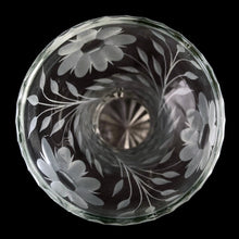 Load image into Gallery viewer, Beautiful depression era antique American Brilliant cut crystal corset vase, decorated with eight petal wheel-cut flowers with octagonal centres and three petal flowers with ovoid centres, wedge cut leaves on engraved stems make this a lovely and unique motif, finished with a cut beaded rim and starburst base. Create a beautiful bouquet with this vessel. Also makes a wonderful gift!  In excellent condition, no chips.  Measures 3 1/2 x 8 inches
