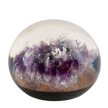 Load image into Gallery viewer, Close-up of raw deep purple amethyst crystal inside Tarax Infinity Products lucite paperweight, 1990s
