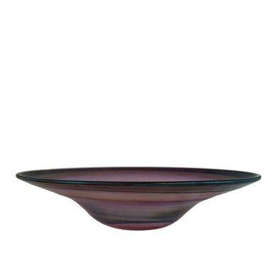 Beautiful vintage hand blown iridescent amethyst art glass console bowl. Crafted and signed by Bertil Vallien for Kosta Boda, Sweden. A lovely piece to enhance your home decor!  In excellent condition, no chips, wear to the bottom. Signed Bertil Vallien, Kosta. Measures 9 7/8 x 2 1/4 inches