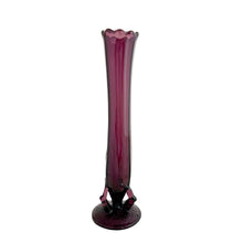 Load image into Gallery viewer, Diamond Glass amethyst "Twigs" swung bud vase, front view showing tall swung form, scalloped rim, applied twig feet, and textured disc base, early 20th century
