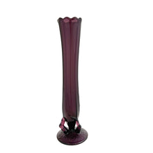 Load image into Gallery viewer, Front view of Diamond Glass amethyst Twigs swung bud vase showing full elongated swung body, scalloped rim, and applied twig cluster at base
