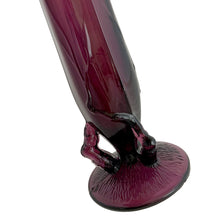 Load image into Gallery viewer, Close-up of Diamond Glass amethyst Twigs swung bud vase base showing three applied amethyst glass twig feet and radiating line texture on disc base
