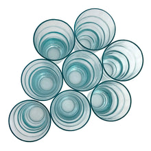 Load image into Gallery viewer, Overhead view of Anchor Hocking aqua Cameron beehive tumblers, set of 8, vintage mid-century American glassware
