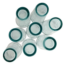 Load image into Gallery viewer, Bottom view of vintage Anchor Hocking aqua Cameron beehive tumblers
