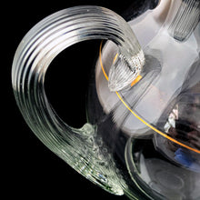 Load image into Gallery viewer, Detail of applied ribbed handle and gold stripe on vintage glass pitcher
