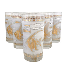 Load image into Gallery viewer, This stunning set of six mid-century era vintage highball glass tumblers are decorated with 22 karat gold angelfish and white seahorses, swimming in a frosted sea of waves with small stylized fish in gold and white in between scalloped gold borders. Crafted by Libbey Glass, USA, 1950s. These beauties will add an exquisite touch of Hollywood Regency style to any occasion - indulge your guests with these truly spectacular cocktail glasses while amping up the glam factor of your bar cart!
