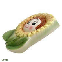 Load image into Gallery viewer, This vintage ceramic wall pocket features a mid-century anthropomorphic hand painted sunflower face, crafted by PY, Japan, 1950s. A must-have for any home decor collector, this charming and highly sought-after piece is sure to add a touch of kitschy cuteness to your space.
In good vintage condition with minor wear to the top of the sunflowers and rim and a small chip on the large one, see photos.

Large measures 5 x 1 3/4 x 7 inches

Small measures 3 1/2 x 1 3/8 x 4 3/4 inches
