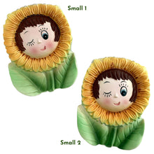 Load image into Gallery viewer, This vintage ceramic wall pocket features a mid-century anthropomorphic hand painted sunflower face, crafted by PY, Japan, 1950s. A must-have for any home decor collector, this charming and highly sought-after piece is sure to add a touch of kitschy cuteness to your space.
In good vintage condition with minor wear to the top of the sunflowers and rim and a small chip on the large one, see photos.

Large measures 5 x 1 3/4 x 7 inches

Small measures 3 1/2 x 1 3/8 x 4 3/4 inches
