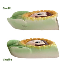 Load image into Gallery viewer, This vintage ceramic wall pocket features a mid-century anthropomorphic hand painted sunflower face, crafted by PY, Japan, 1950s. A must-have for any home decor collector, this charming and highly sought-after piece is sure to add a touch of kitschy cuteness to your space.
In good vintage condition with minor wear to the top of the sunflowers and rim and a small chip on the large one, see photos.

Large measures 5 x 1 3/4 x 7 inches

Small measures 3 1/2 x 1 3/8 x 4 3/4 inches
