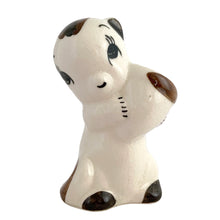 Load image into Gallery viewer, Vintage 1950s ceramic chipmunk bud vase, front view showing anthropomorphic figure holding an acorn, hand-painted earthenware
