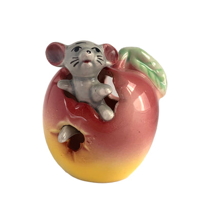 Sweet vintage mid-century era majolica style figural ceramic red apple toothpick holder featuring a gray mouse, brown branch and green leaves. Crafted by Metroware, Japan, circa 1940s. Perfect for adding kitsch style to your kitchen and table decor! In excellent used vintage condition, free from chips and new cork. Measures 2 x 2 inches