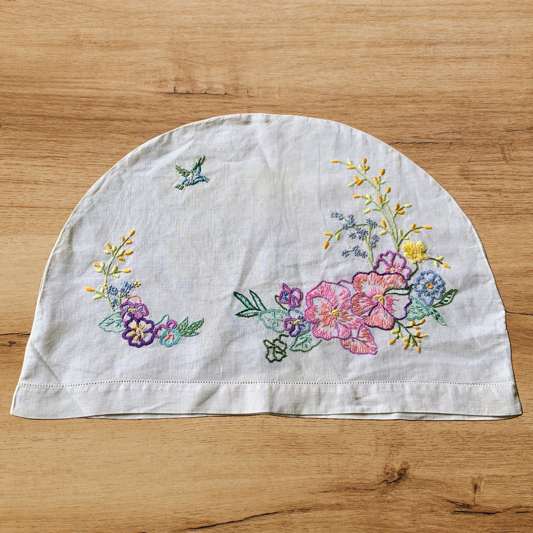 Vintage Hand Embroidered Appliance Cover or Tea Cozy on Ecru Linen