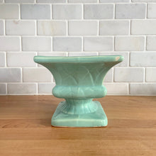 Load image into Gallery viewer, Vintage glossy aqua glaze rectangular ceramic stoneware pedestal planter featuring an impressed pattern. Crafted by Robinson Ransbottom Pottery Co., USA, 1950s. A beautiful piece to add to your art pottery collection and plant up your favourite succulents or houseplant!

In excellent condition, cracks/repairs. There is minor chipping at the corner of the base which appears to have happened during the manufacturing process. Maker&#39;s marks.

Measures 8 5/8 x 5 x 4 3/4 inches
