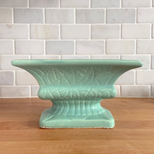Load image into Gallery viewer, Vintage glossy aqua glaze rectangular ceramic stoneware pedestal planter featuring an impressed pattern. Crafted by Robinson Ransbottom Pottery Co., USA, 1950s. A beautiful piece to add to your art pottery collection and plant up your favourite succulents or houseplant!

In excellent condition, cracks/repairs. There is minor chipping at the corner of the base which appears to have happened during the manufacturing process. Maker&#39;s marks.

Measures 8 5/8 x 5 x 4 3/4 inches
