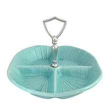 Load image into Gallery viewer, Vintage mid-century era 4-part divided square serving dish #511 with silver-toned handle. Crafted by California Pottery, USA, 1950s. A lovely serving piece for nuts, candies, dips....whatever you fancy!

In excellent condition, no chips/cracks/repairs. Wear to the handle. Reinforced handle with new rubber washer.

Measures 8 3/4 x 8 5/8 x 2 inches (6 1/8 inches with handle)
