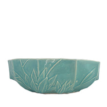 Load image into Gallery viewer, Vintage Art Deco gloss aqua lotus centrepiece console bowl. Crafted by Nelson McCoy Pottery, 1940s. This rare piece is must for any Nelson McCoy art pottery collector!

In excellent vintage condition, no chips/cracks/repairs. Maker&#39;s mark.

Measures 8 3/4 x 5 1/4 x 2 3/4 inches
