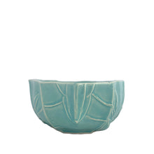 Load image into Gallery viewer, Vintage Art Deco gloss aqua lotus centrepiece console bowl. Crafted by Nelson McCoy Pottery, 1940s. This rare piece is must for any Nelson McCoy art pottery collector!

In excellent vintage condition, no chips/cracks/repairs. Maker&#39;s mark.

Measures 8 3/4 x 5 1/4 x 2 3/4 inches
