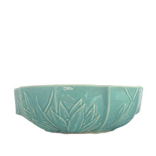 Load image into Gallery viewer, Vintage Art Deco gloss aqua lotus centrepiece console bowl. Crafted by Nelson McCoy Pottery, 1940s. This rare piece is must for any Nelson McCoy art pottery collector!

In excellent vintage condition, no chips/cracks/repairs. Maker&#39;s mark.

Measures 8 3/4 x 5 1/4 x 2 3/4 inches
