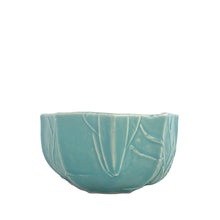 Load image into Gallery viewer, Vintage Art Deco gloss aqua lotus centrepiece console bowl. Crafted by Nelson McCoy Pottery, 1940s. This rare piece is must for any Nelson McCoy art pottery collector!

In excellent vintage condition, no chips/cracks/repairs. Maker&#39;s mark.

Measures 8 3/4 x 5 1/4 x 2 3/4 inches
