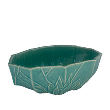 Load image into Gallery viewer, Vintage Art Deco gloss aqua lotus centrepiece console bowl. Crafted by Nelson McCoy Pottery, 1940s. This rare piece is must for any Nelson McCoy art pottery collector!

In excellent vintage condition, no chips/cracks/repairs. Maker&#39;s mark.

Measures 8 3/4 x 5 1/4 x 2 3/4 inches
