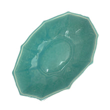 Load image into Gallery viewer, Vintage Art Deco gloss aqua lotus centrepiece console bowl. Crafted by Nelson McCoy Pottery, 1940s. This rare piece is must for any Nelson McCoy art pottery collector!

In excellent vintage condition, no chips/cracks/repairs. Maker&#39;s mark.

Measures 8 3/4 x 5 1/4 x 2 3/4 inches
