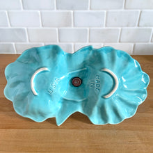 Load image into Gallery viewer, Jacks Daughter of All Trades Vintage Antique Mid-Century Kitsch Store Shop Reseller Etsy Shopify Toronto Canada Free Porch Pick Up Local Delivery Worldwide Shipping Judy Weinberg Unique Housewarming Gift Sustainable Gift Wedding Gift Home Decor Collectible Collector Gift Farmhouse Cottagecore Cottage Lodge Shabby Chic Industrial Hollywood Regency Art Deco aqua lotus leaf 2-part divided floral candy dish with silver-toned ring handle California Pottery 1950s
