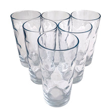 Load image into Gallery viewer, Three quarter angled view of Pasabahce Mirage aqua dot optic glass tumblers showing raised dot pattern detail and aqua blue glass colour
