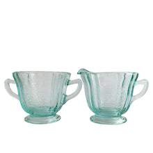 Load image into Gallery viewer, Beautiful aqua teal &quot;Recollection&quot; reproduction depression glass creamer and sugar. The original pattern was called &quot;Madrid&quot; and it was produced by Federal Glass in the 1930s. This set is crafted by Indiana Glass, USA, 1979-2000, from original molds. A great addition to your vintage glassware collection!&nbsp;  In excellent condition, no chips.  Measures approximately 3 5/8 x 3 1/8
