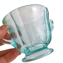 Load image into Gallery viewer, Beautiful aqua teal &quot;Recollection&quot; reproduction depression glass creamer and sugar. The original pattern was called &quot;Madrid&quot; and it was produced by Federal Glass in the 1930s. This set is crafted by Indiana Glass, USA, 1979-2000, from original molds. A great addition to your vintage glassware collection!&nbsp;  In excellent condition, no chips.  Measures approximately 3 5/8 x 3 1/8
