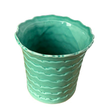 Load image into Gallery viewer, Vintage aqua turquoise wave ceramic planter with rippled ocean texture and reactive glaze, coastal decor pot
