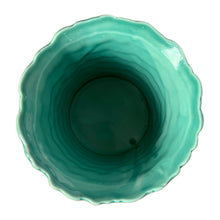Load image into Gallery viewer, Overhead view of aqua turquoise wave planter showing 4 inch diameter opening and ocean-inspired design
