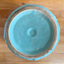 Load image into Gallery viewer, Jacks Daughter of All Trades Vintage Antique Mid-Century Kitsch Store Shop Reseller Etsy Shopify Toronto Canada Free Porch Pick Up Local Delivery Worldwide Shipping Judy Weinberg Unique Housewarming Gift Sustainable Gift Wedding Gift Home Decor Collectible Collector Gift Farmhouse Cottagecore Cottage Lodge Shabby Chic Industrial Hollywood Regency Art Deco Art Nouveau aqua blue glaze ceramic jardiniere planter embossed flowers No. 1631 Robinson Ransbottom Pottery Co. RRPCo 1940s rare art pottery
