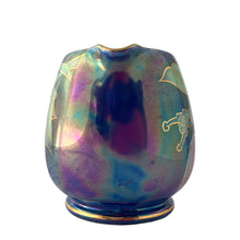Load image into Gallery viewer, Spout view close-up of hand-painted plum motif with gilt detailing on Art Deco lustreware pitcher
