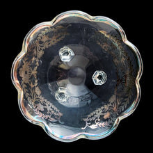 Load image into Gallery viewer, Vintage art deco round clear glass tri-footed bowl featuring silver overlay floral urns with scalloped rim. Glass blank unknown and silver overlay by Silver City, USA, 1940s. A lovely piece for candies, snacks or trinkets.


In excellent condition, no chips.

Measures 5 3/8 x 2 3/4 inches
