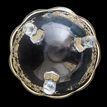 Load image into Gallery viewer, Jacks Daughter of All Trades Vintage Antique Mid-Century Kitsch Store Shop Reseller Etsy Shopify Toronto Canada Free Porch Pick Up Local Delivery Worldwide Shipping Judy Weinberg Unique Housewarming Gift Sustainable Gift Wedding Gift Home Decor Collectible Collector Gift Farmhouse Cottagecore Cottage Lodge Shabby Chic Industrial Hollywood Regency Art Deco Art Nouveau round clear glass tri-footed bowl silver overlay floral urns with scalloped rim Silver City 940s candy dish trinket dish
