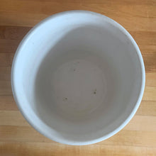 Load image into Gallery viewer, Vintage art deco matte white ceramic jardiniere planter featuring repeating columns of stacked palm leaves atop a basket weave pattern. Crafted by Robinson Ransbottom Pottery Co., USA, 1930s. A beautiful piece to add to your art pottery collection!

In excellent condition, no chips/cracks/repairs. Typical manufacturing glaze pops. Unmarked.

Measures 10 1/2 x 8 1/2 inches
