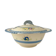 Load image into Gallery viewer, Side view of vintage New Hall Hanley tureen showing embossed rim detail and Art Deco geometric banding
