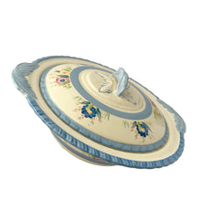 Load image into Gallery viewer, Art Deco serving bowl lid with sculpted butterfly handle and polychrome floral decoration
